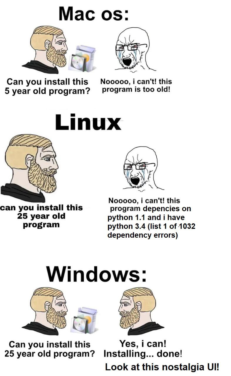 Mac Can you install this оооо, i can't! this 5 year old program? program is too old! Linux оооо, i can't! this can you install this program depencies on 25 year old python 1.1 and i have program pytho