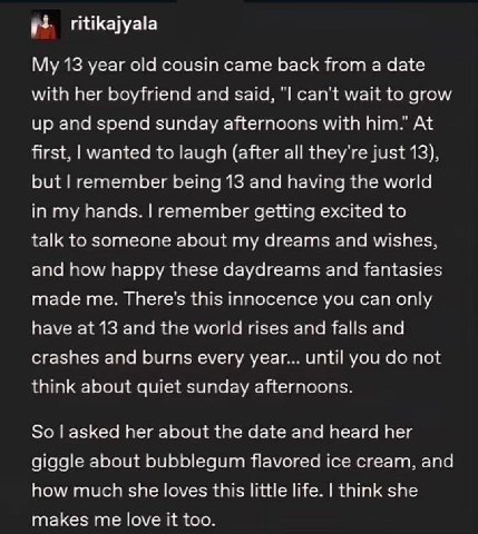 ritikajyala 13 year old cousin came back from а date with her boyfriend and said, cant wait to grow up and spend sunday afternoons with Вит. At first, wanted to laugh (after all they just 13). but rem