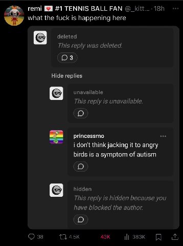 remi #1 TENNIS BALL FAN what the fuck is happening here deleted This reply was deleted. Hide replies unavailable This reply is unavailable. princessmo i don't think jacking it to angry birds is a symp