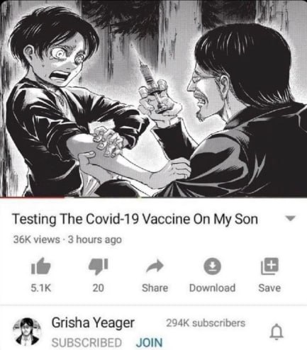4 4 С ‘a 3 a Testing The Covid-19 Vaccine On My Son views 3 hours ago 20 Share Download Save Grisha Yeager subscriber A JOIN