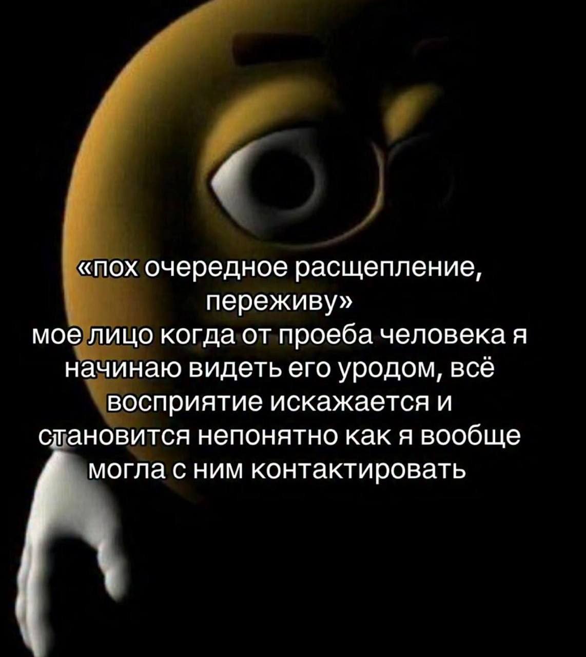 «пох очередное расщепление, переживу» мое лицо когда от проеба человека я начинаю видеть его уродом, все восприятие искажается и становится непонятно как я вообще могла с ним контактировать у