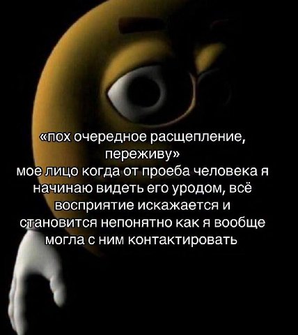 «пох очередное расщепление, переживу» мое лицо когда от проеба человека я начинаю видеть его уродом, все восприятие искажается и становится непонятно как я вообще могла с ним контактировать у