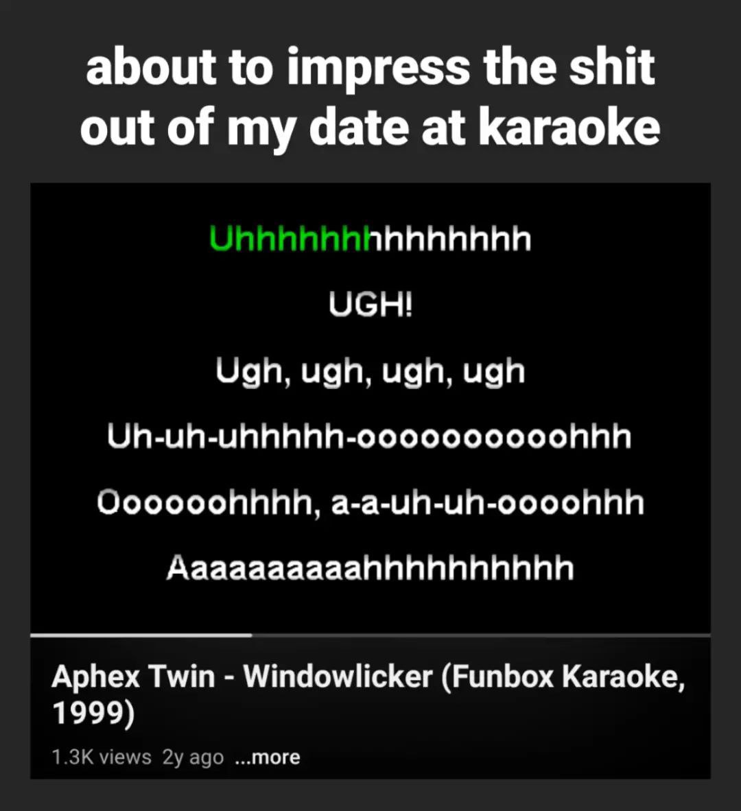 about to impress the shit out of my date at karaoke UGH! цоп, ugn, ugn, ugn Uooooonnnn, a-a-un-un-oooonnn Aaaaaaaaaannnnnnnnnn Aphex Twin Windowlicker (Funbox Karaoke, 1999) More