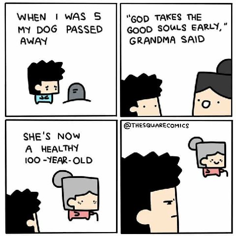 WHEN WAS 5 “GOD TAKES THE MY DOG PASSED GOOD SOULS EARLY," AWAY GRANDMA @THESQUARECOMICS SHE'S NOW А HEALTHY -YEAR- OLD