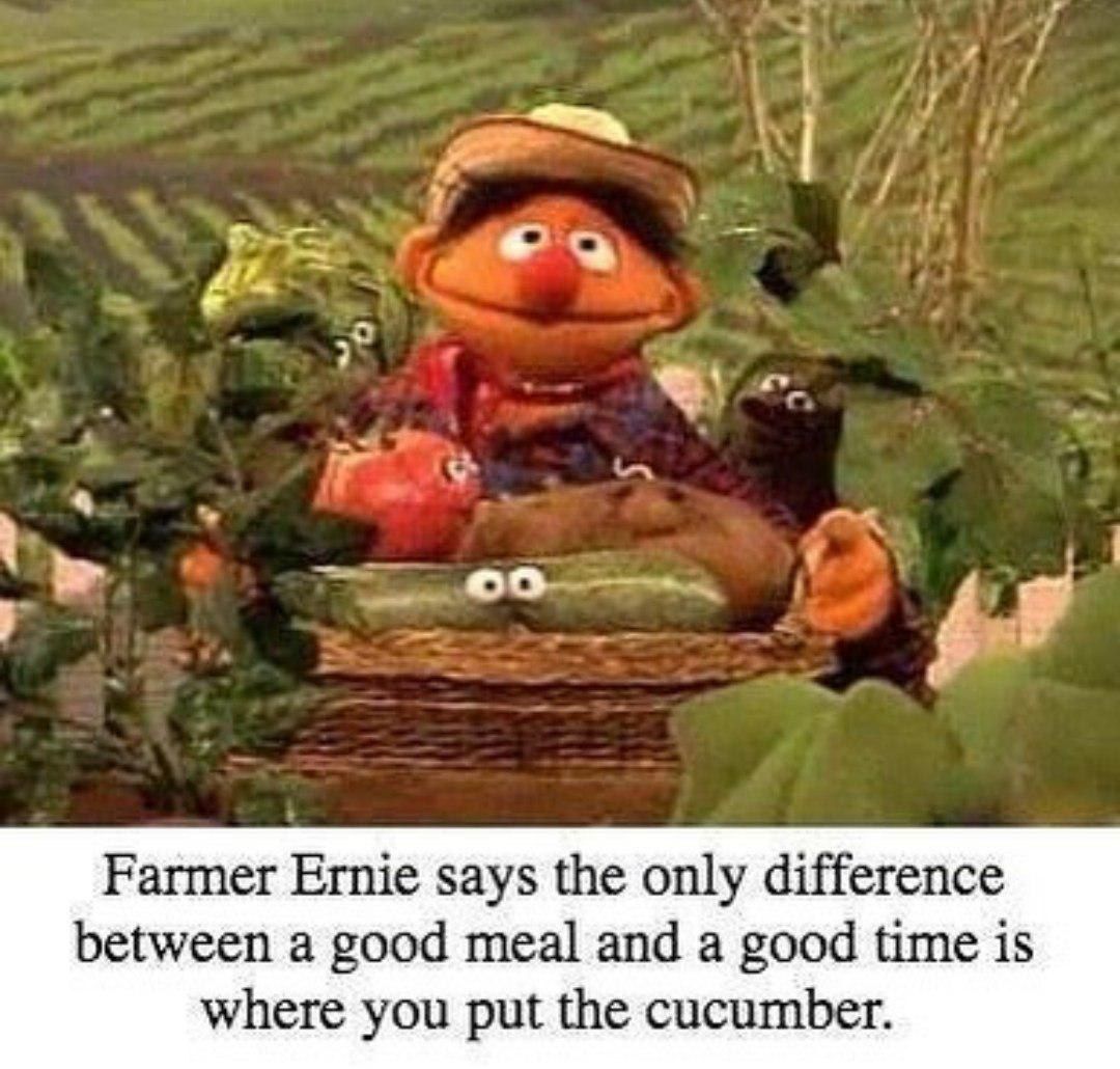 Farmer Ernie says the only difference between a good meal and a good time is where you put the cucumber.
