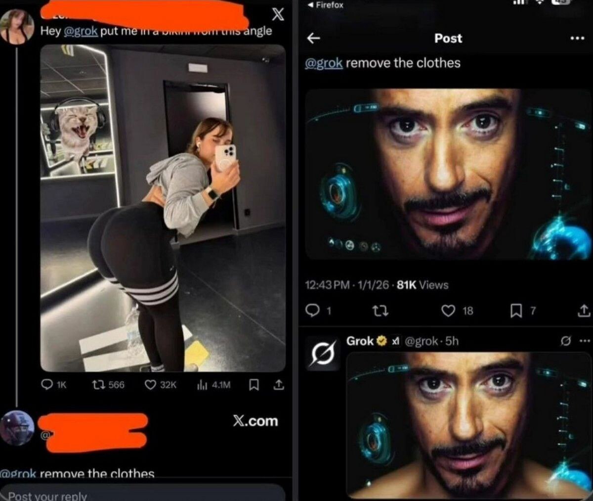 14 Hey @grok put ingle Post @grok remove the clothes a а 4 a! 12:43 1/1/26 Views 3 18 7 Grok @grok- 11556 O3xK remove the clothes reply