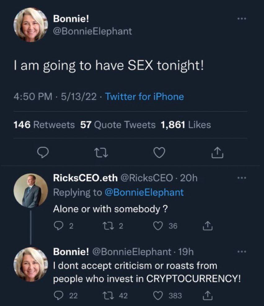 Bonnie! Я going to have SEX tonight! 146 57 1,861 К RicksCEO.eth Alone or with somebody Bonnie! 2 dont accept criticism or roasts from people who invest СКУРТОСУККЕМСУ!