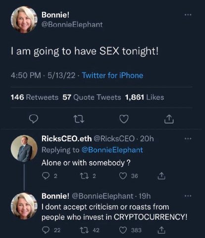 Bonnie! Я going to have SEX tonight! 146 57 1,861 К RicksCEO.eth Alone or with somebody Bonnie! 2 dont accept criticism or roasts from people who invest СКУРТОСУККЕМСУ!