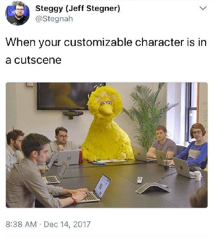 Steggy (Jeff Stegner) @Stegnah When your customizable character is in a cutscene 8:38 Dec 14, 2017