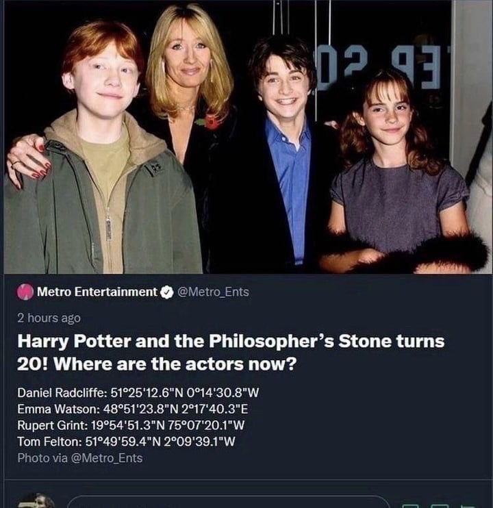 4 И к А 2 93 i А к i Metro Entertainment @Metro_Ents 2 hours ago Harry Potter and the Philosopher’s Stone turns 20! Where are the actors now? Daniel Radcliffe: Emma Watson: Rupert Grint: Tom Felton: P