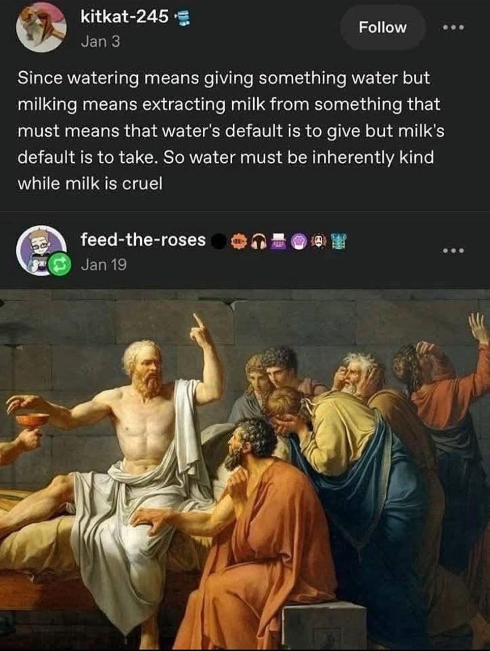 kitkat-245 Follow Since watering means giving something water but milking means extracting milk from something that must means that water's default is to give but default is to take. So water must be 
