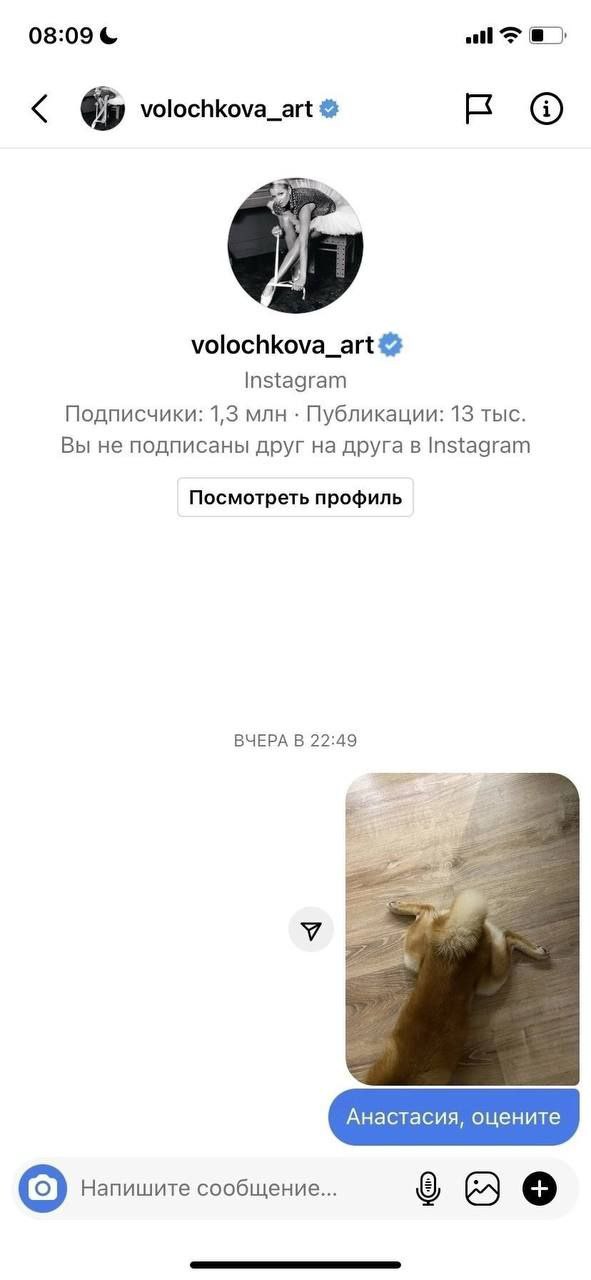 08:09 volochkova_art о volochkova_art Instagram Подписчики: 1,3 млн Публикации: 13 тыс. Вы не подписаны друг на друга в Instagram Посмотреть профиль ВЧЕРА В 22:49 Напишите сообщение...