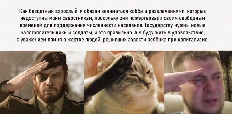 Как бездетный взрослый, я обязан заниматься хобби и развлечениями, которые недоступны моим сверстникам, поскольку они пожертвовали своим свободным временем для поддержания численности населения. Госуд
