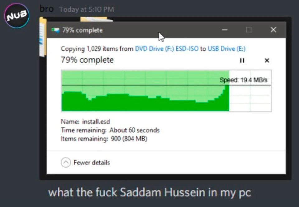 nue 79% complete Copying 1,029 items from DVL to USB е(Е 79% complete и Speed: 19.4 Name: install.esd Time remaining: About 60 seconds remaining: 900 (804 Fewer details what the fuck Saddam Hussein in