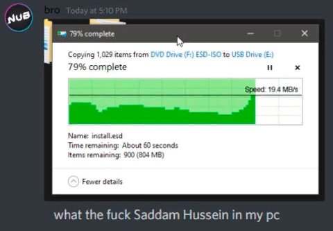 nue 79% complete Copying 1,029 items from DVL to USB е(Е 79% complete и Speed: 19.4 Name: install.esd Time remaining: About 60 seconds remaining: 900 (804 Fewer details what the fuck Saddam Hussein in