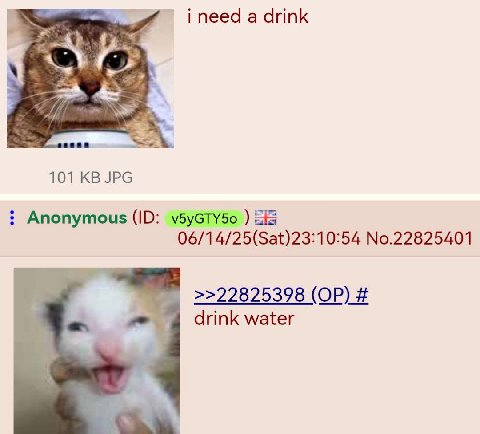 i need a drink a 101 JPG Anonymous v5yGTY50 Sia 06/14/25(Sat)23:10:54 No.22825401 >>22825398 drink water