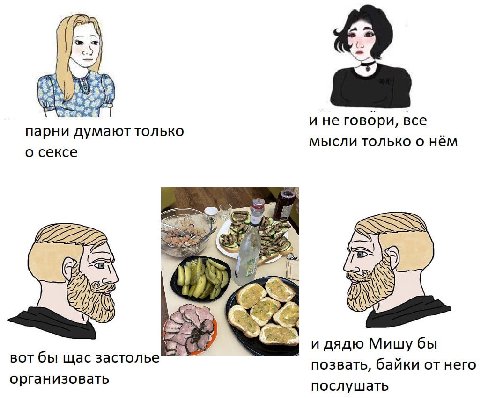 и не говори, все парни думают только мысли только о нём о сексе VEZ И дядю Мишу бы вот бы щас застолье позвать, байки от него организовать послушать