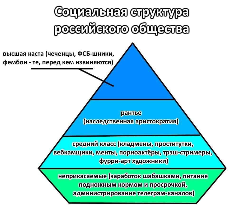 структур высшая каста (чеченцы, ФСБ-шники, фембои перед кем извиняются) порноактёры, трэш стримеры\ фурри-арт художники). неприкасаемые (заработок шабашками, питание