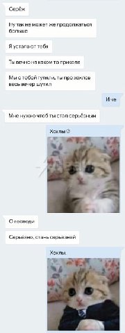 Серёж Ну так не может же продолжаться больше Я устала от тебя Ты вечно на каком то приколе Мы с тобой гуляли, ты про хохлов весь вечер шутил Иче Мне нужно чтоб ты стал серьёзным Хохлы О господи Серьёз