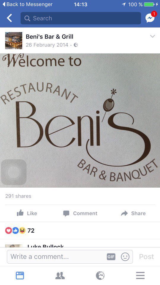 4Васк to Messenger 14:13 4 100% Beni's Bar Grill 26 February 2014 “Walco у 291 shares 1@ Like Comment Share 72 Write a comment...