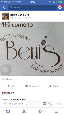 4Васк to Messenger 14:13 4 100% Beni's Bar Grill 26 February 2014 “Walco у 291 shares 1@ Like Comment Share 72 Write a comment...
