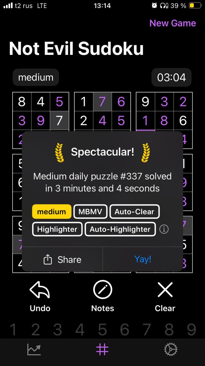 ofl {2 rus LTE 13:14 9 New Game Not Evil Sudoku medium 03:04 8 4 7 3/9 Я Spectacular! 7 Medium daily puzzle #337 solved in 3 minutes and 4 seconds Share а Undo Notes Clear