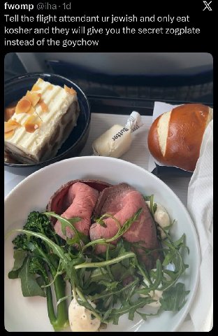 fwomp Tell the flight attendant jewish and only eat kosher and they will give you the secret zogplate instead of the goychow А