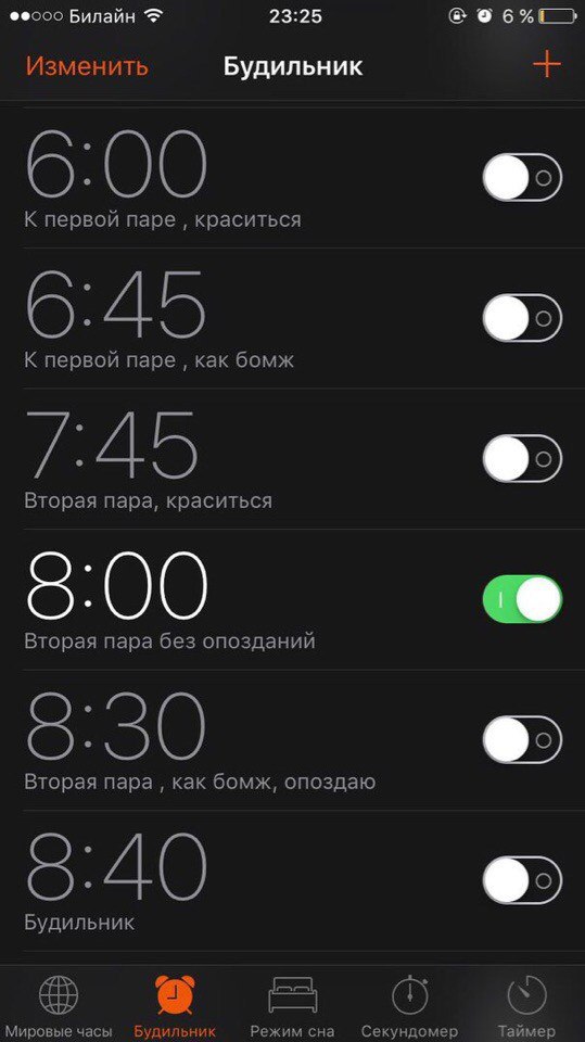 Феооо Билайн 23:25 Изменить Будильник К первой nape краситься К первой паре как бомж Вторая пара, краситься Вторая пара без опозданий Вторая пара как бомж, опоздаю Будильник о во Мировые часы Будильни
