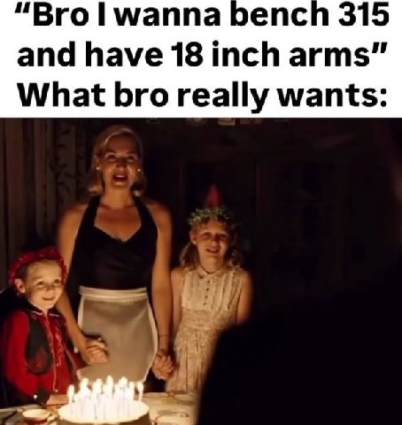 "Вго ммаппа bench 315 and have 18 inch arms” What bro really wants: