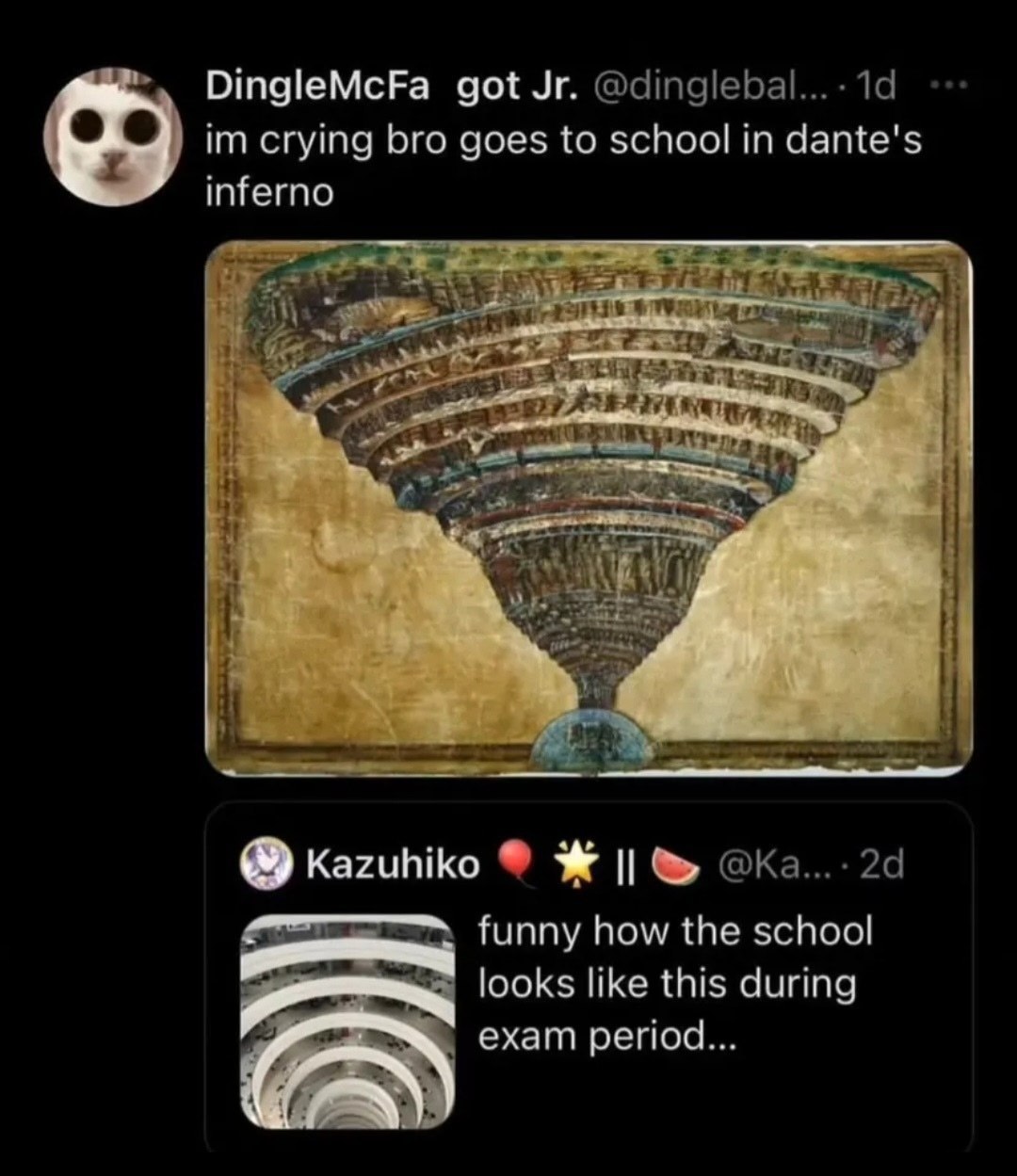 DingleMcFa got @dinglebal...-1d crying bro goes to school in dante's inferno 3 i how the school like this during ехат period...