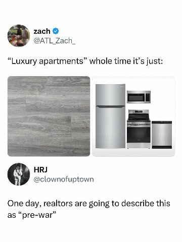 zach @АТЕ Zach_ “Luxury apartments” whole time it’s just @clownofuptown One day, realtors are going to describe this as “pre-war”