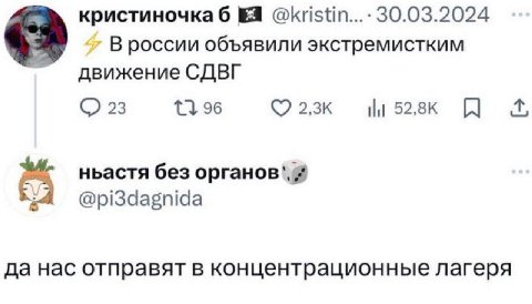кристиночка 6 30.03.2024 В россии объявили экстремистким движение СДВГ 23 96 НИ ньастя без органов`, @pi3dagnida да нас отправят в концентрационные лагеря