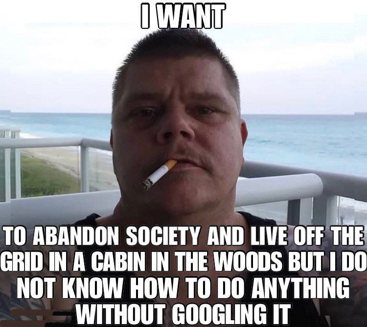TO ABANDON SOCIETY AND LIVE OFF THE GRID IN A CABIN IN THE WOODS BUT 1 NOT KNOW HOW ТО ANYTHING WITHOUT GOOGLING IT