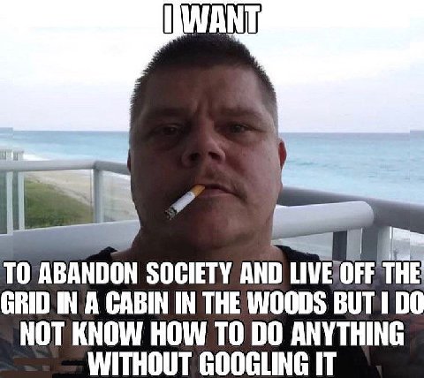 TO ABANDON SOCIETY AND LIVE OFF THE GRID IN A CABIN IN THE WOODS BUT 1 NOT KNOW HOW ТО ANYTHING WITHOUT GOOGLING IT
