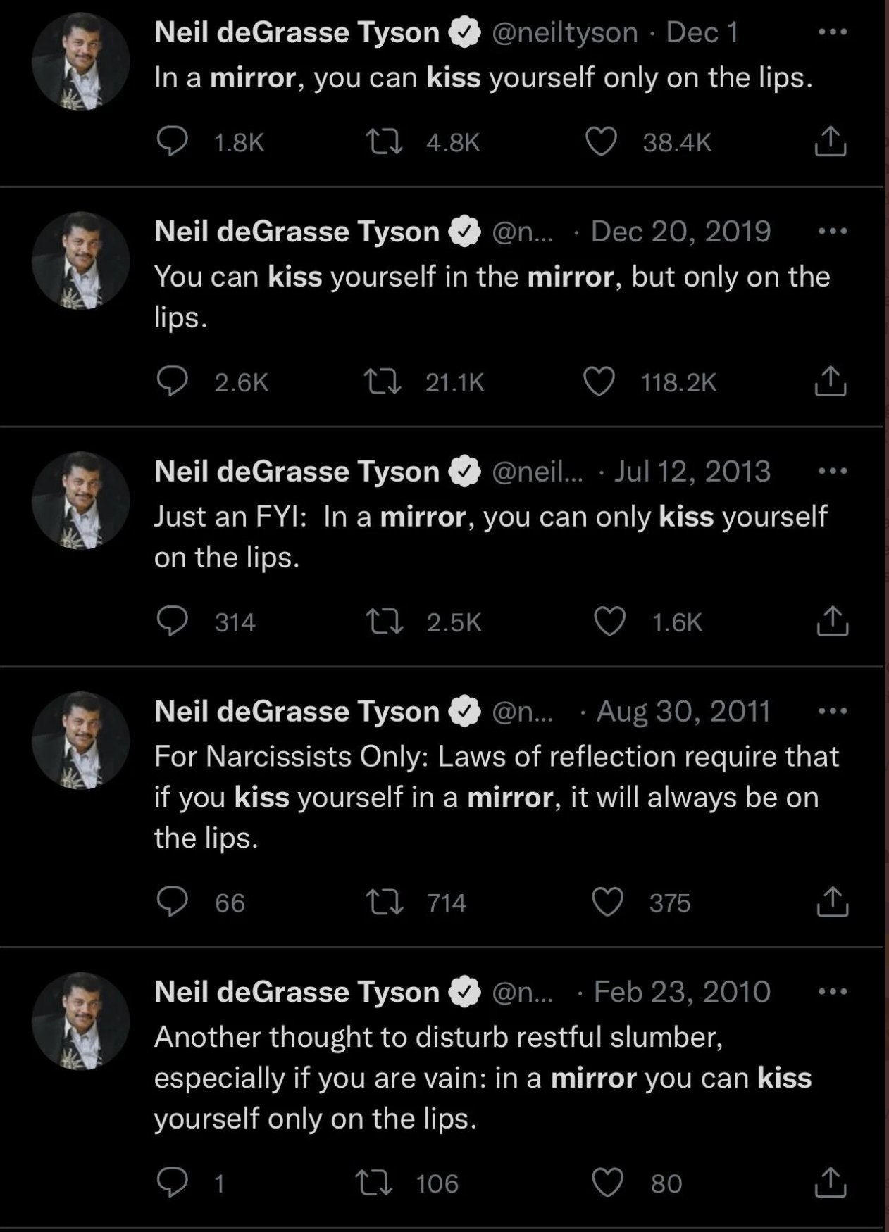 Мей deGrasse Tyson @neiltyson Dec 1 In a mirror, you can kiss yourself only on the lips. Neil deGrasse Tyson Dec 20, 2019 You can kiss yourself in the mirror, but only on the lips. С) С7 118.2к Neil d