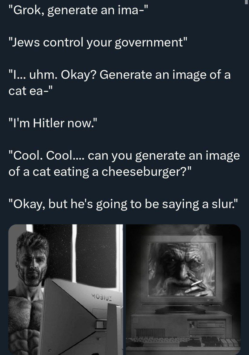 "Grok, generate ima-" "Jews control your unm. Okay? Generate an image of a cat "Рип Hitler now. "Cool. Cool.... can you generate an image of acat eating a cheeseburger?" "Okay, but he's going to be sa