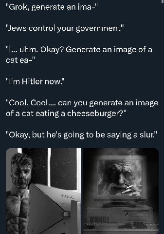 "Grok, generate ima-" "Jews control your unm. Okay? Generate an image of a cat "Рип Hitler now. "Cool. Cool.... can you generate an image of acat eating a cheeseburger?" "Okay, but he's going to be sa