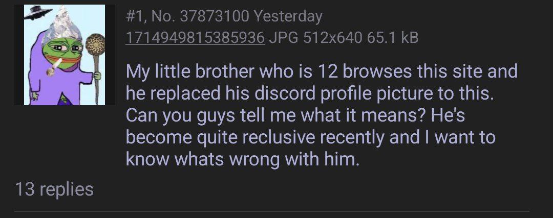 #1, No. 37873100 Yesterday 1714949815385936 JPG 65.1 My little brother who is 12 browses this site and he replaced his discord profile picture to this. Can you guys tell me what it means? He's become 