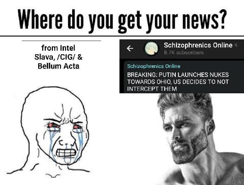 Where you get your news? from Intel Schizophrenics Online Slava, /CIG/ Bellum Acta Schizophrenics Online BREAKING: PUTIN LAUNCHES NUKES TOWARDS OHIO, DECIDES TO NOT INTERCEPT THEM у
