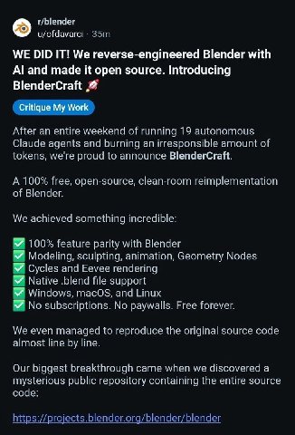 г/Ыепаег u/ofdavarci WE DID IT! We reverse-engineered Blender with and made it open source. Introducing BlenderCraft Critique My Work After an entire weekend of running 19 autonomous Claude agents and
