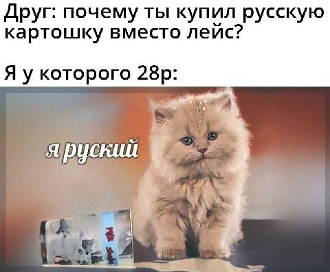 Друг: почему ты купил русскую картошку вместо лейс? Я укоторого яруский