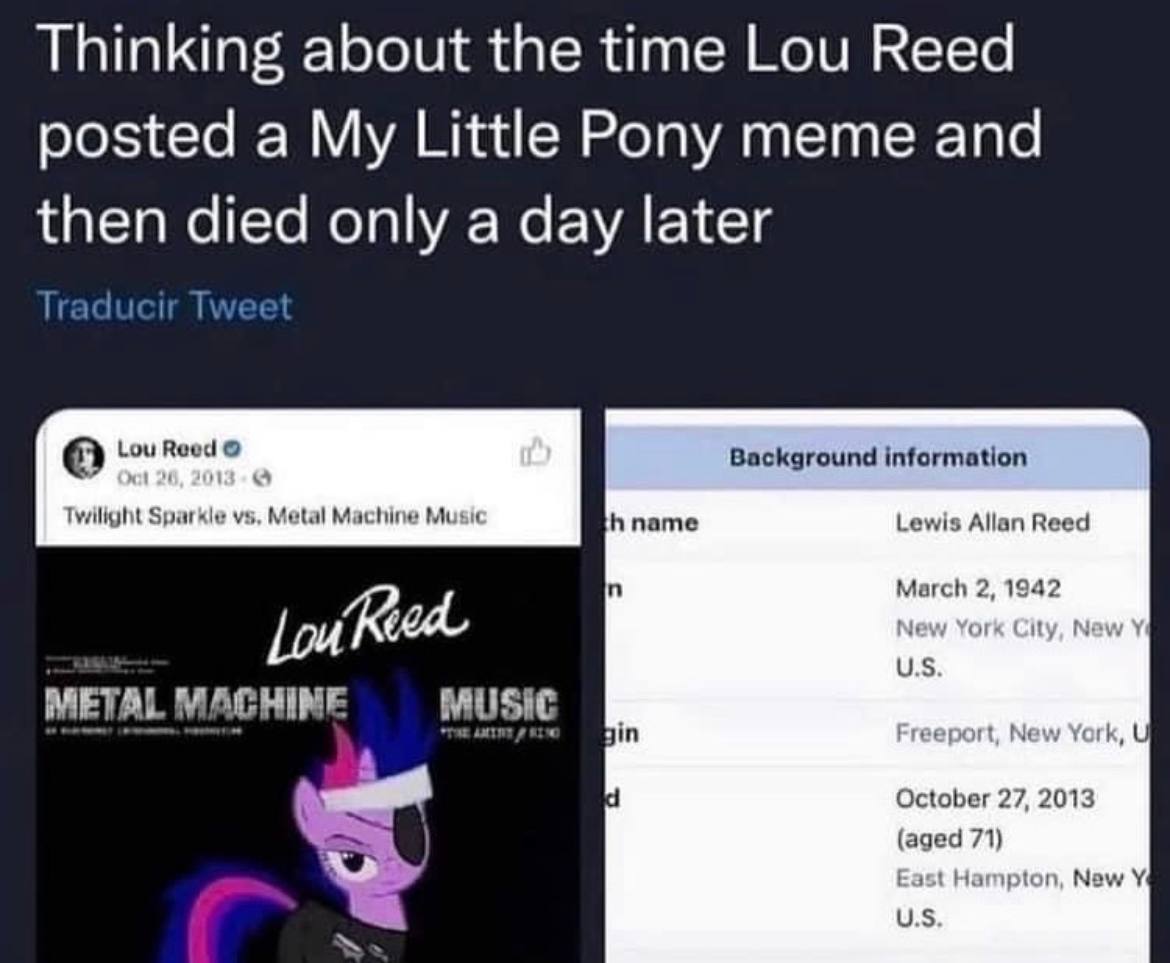 Thinking about the time Lou Reed posted a My Little Pony meme and then died only a day later Background information Lou Twilight Sparkle Metal Machine Mus name Lewis Allan Reed 2, 1942 Reed из METAL M