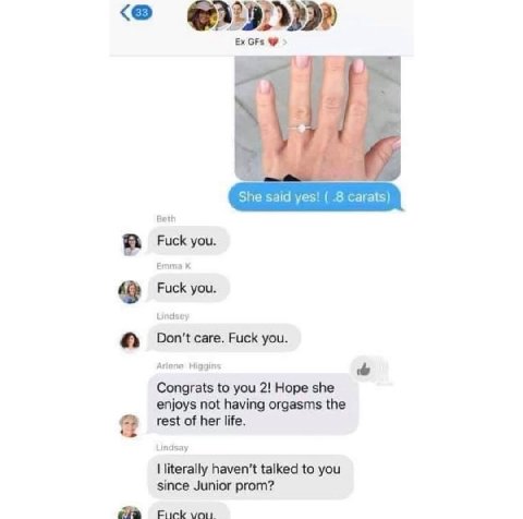 GFs She said у arats) Beth Fuck you. Emma Fuck you. Lindsey Don’t care. Fuck you. Arlene Higgins Congrats to you 2! Hope she enjoys not having orgasms the rest of her life. Lindsay literally talked to