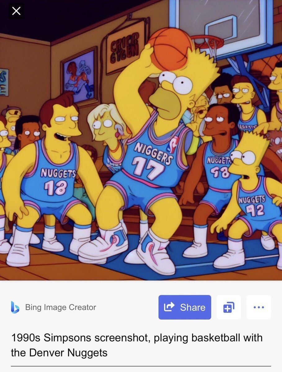 Bing Image Creator Simpsons screenshot, playing basketball with the Denver Nuggets
