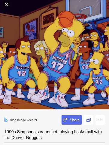 Bing Image Creator Simpsons screenshot, playing basketball with the Denver Nuggets