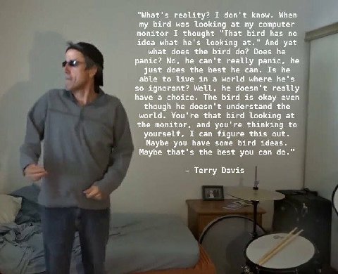 “What's reality? I don't know. When my bird was looking at my computer monitor I thought "That bird has no idea what he's looking at." And yet what does the bird Does he я panic? he can't really panic