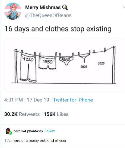 Merry Mishmas @TheQueenOfBeans 16 days and clothes stop existing 2020 ted 2005 4:31 17 Dec 19 Twitter for iPhone Retweets Likes carnival-phantasm Follow It’s more of a pussy out kind of year