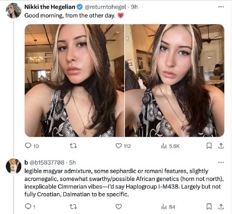 Nikki the Hegelian @returntohegel Good morning, from the other day. И И 10 legible magyar admixture, some sephardic or romani features, slightly acromegalic, somewhat swarthy/possible African genetics