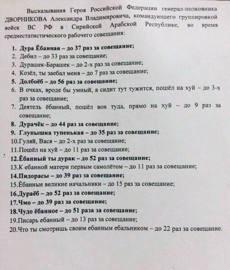 Высказывания Героя Российской Федерации генерал-полковника ДВОРНИКОВА Александра Владимировича, командующего группировкой войск Сирийской Арабской Республике, во время среднестатистического рабочего с