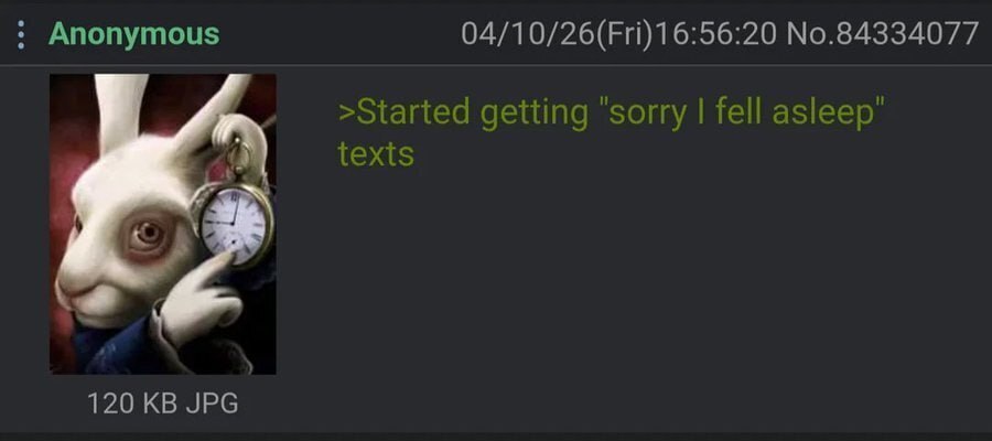 Anonymous No.84334077 >Started getting ‘sorry fell texts 120 JPG